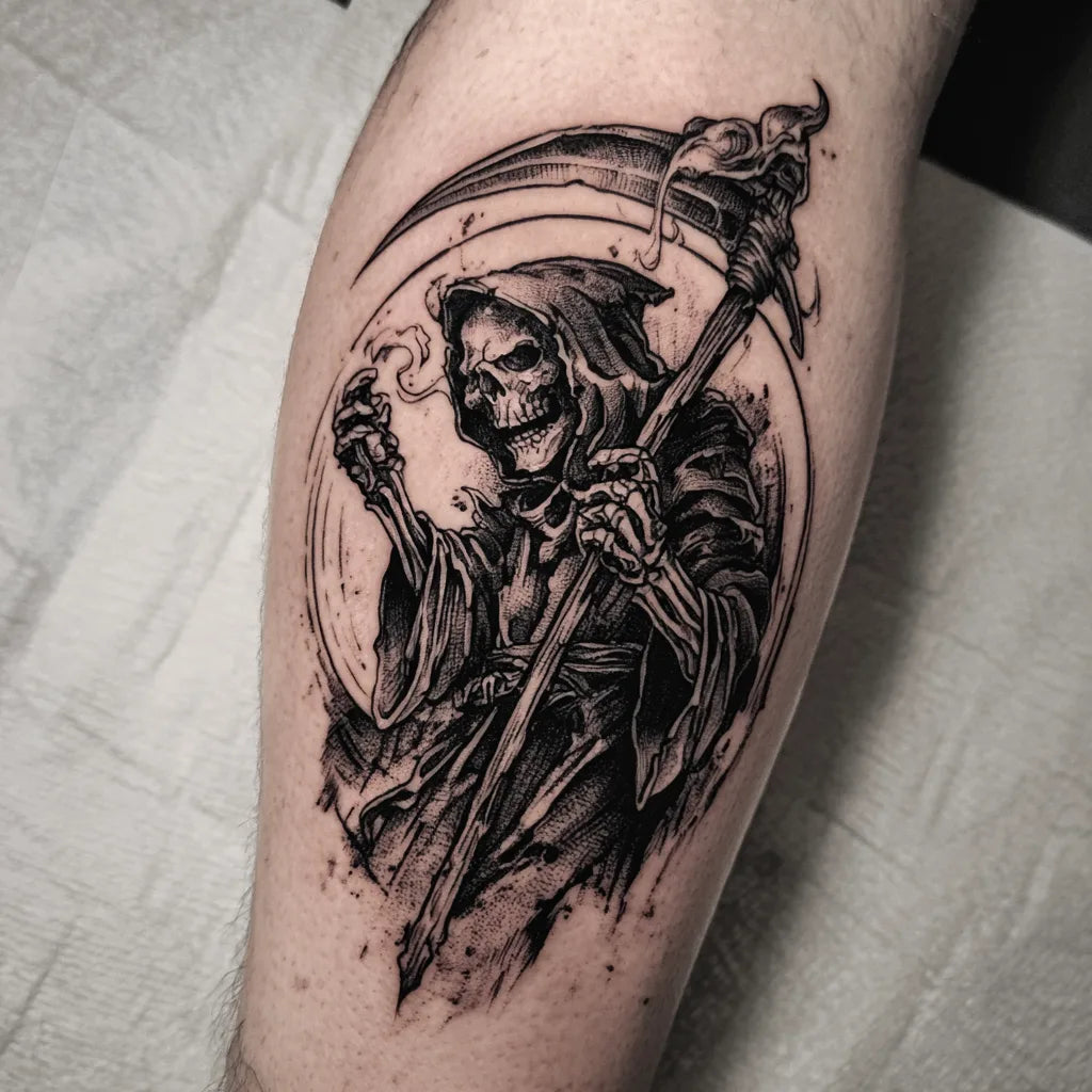 wicked grim reaper tattoo on calf