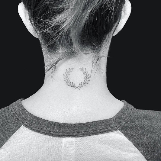 Tiny Black and Grey Laurel Wreath Tattoo on Women Neck by @tatt2taylor