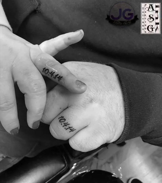 Tiny Black and Grey Numbers Tattoo on Women Finger by @jojo.creator.of.feels