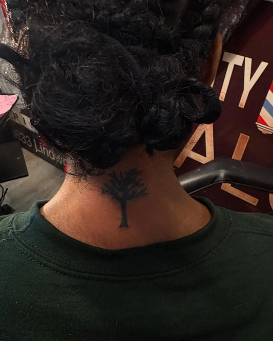 Tiny Black and Grey Poison Tree on Women Neck Tattoo by @alluredbymoo