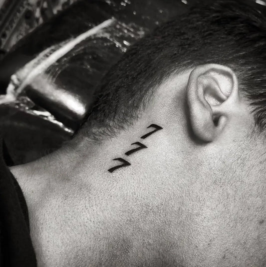 Tiny Blackwork 777 Tattoo on Men Neck by @chilenotattoo