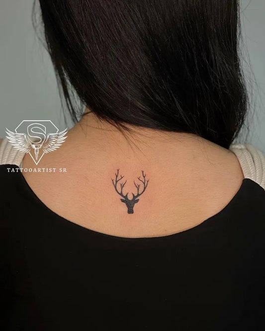 Tiny Blackwork Deer Tattoo on Women Back by @tattooartist_sr