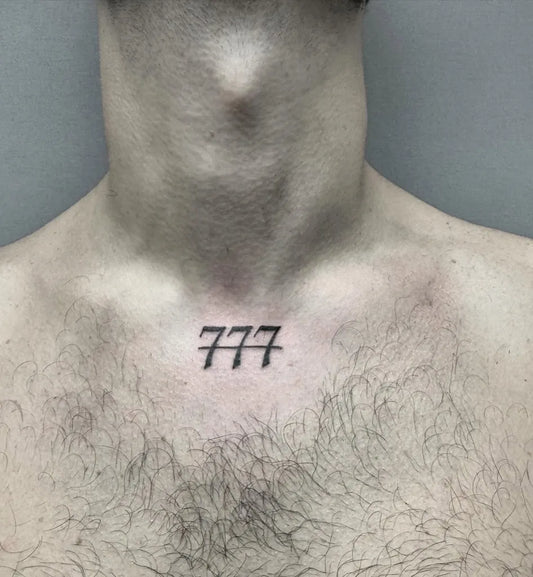 Tiny Blackwork Lucky Number 777 Tattoo on Men Neck by @romanordtattoo