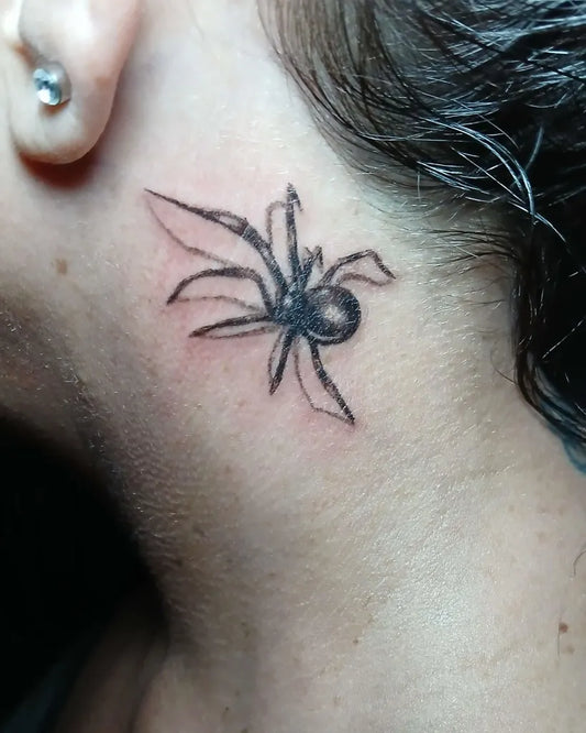 Tiny Blackwork Spider Tattoo on Women Behind the Ear by @motorcitytattoos