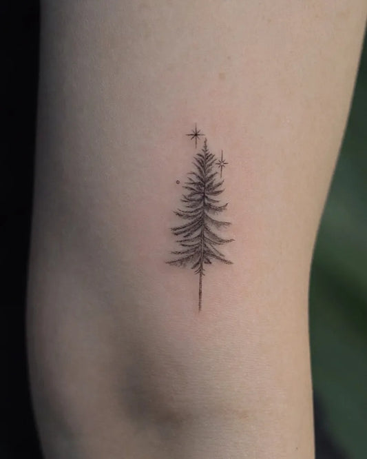 Tiny Blackwork Tree with Stars Tattoo on Women Arm by @narot_6.49oz