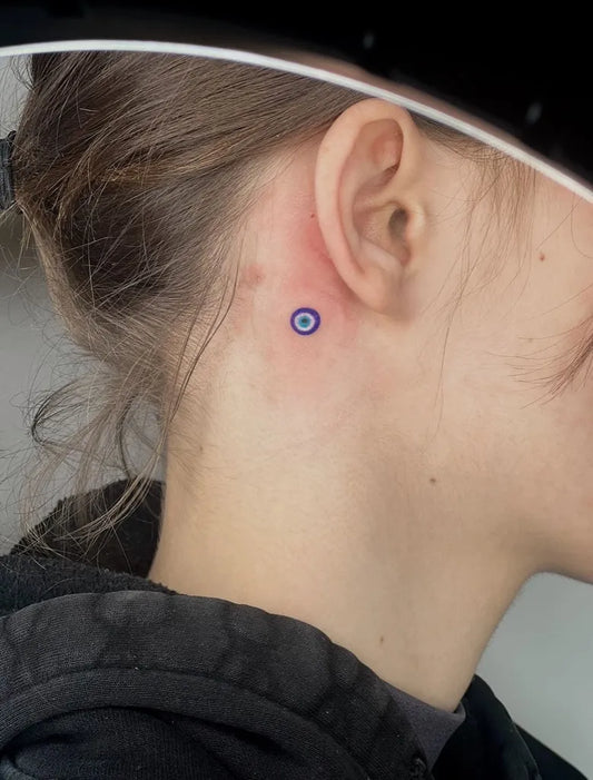 Tiny Dotwork Evil Eye on Women Neck Tattoo by @boo.tattoooo