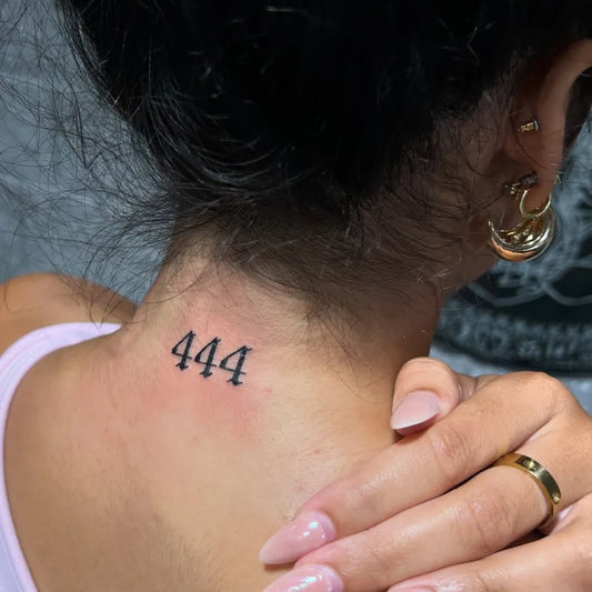 Tiny Fine Line 444 on Women Back of Neck Tattoo by @selinsoulspeaks