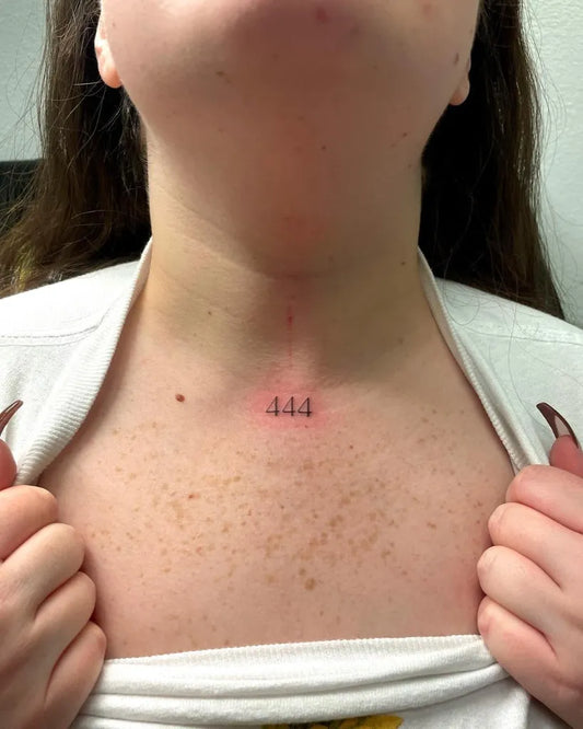 Tiny Fine Line 444 on Women Collarbone Tattoo by @ali.tatts_