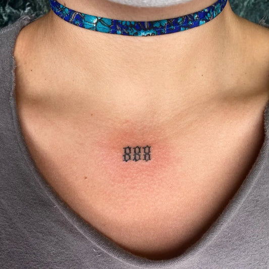 Tiny Fine Line 888 Number Tattoo on Women Collarbone by @skyeinkmiami