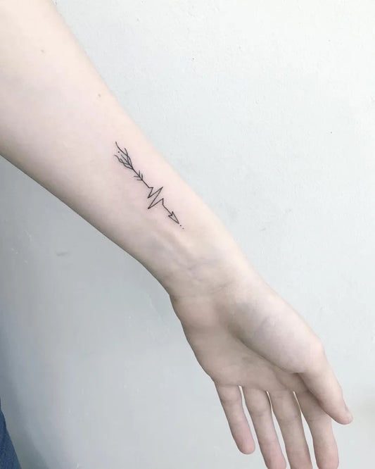 Tiny Fine Line Arrow and Heartbeat Tattoo on Women Wrist by @susboom_tattoo