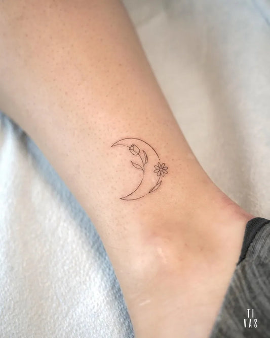 Tiny Fine Line Crescent Moon and Daisy Women Ankle by @tivas