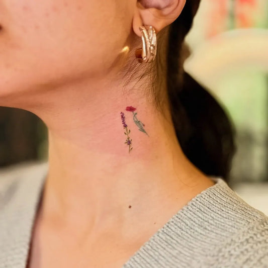 Tiny Fine Line Flowers and Birds on Women Neck Tattoo by @rinktattooz