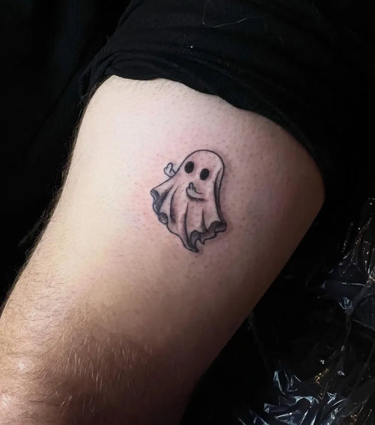 Tiny Fine Line Ghost Halloween Tattoo on Men Arm by @artbeautyandsoul