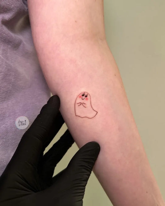 Tiny Fine Line Ghost Tattoo on Women Arm by @by_vas
