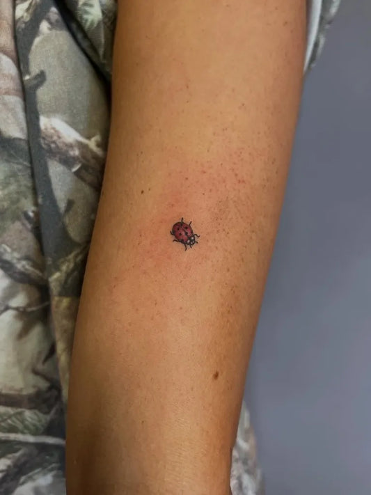 Tiny Fine Line Ladybug Tattoo on Women Arm by @roostattoos