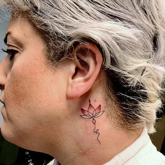 Tiny Fine Line Lotus Flower on Women Neck Tattoo by @matkaptattoo