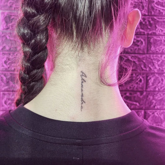 Tiny Fine Line Name Quote Tattoo on Women Neck by @mynameishellish