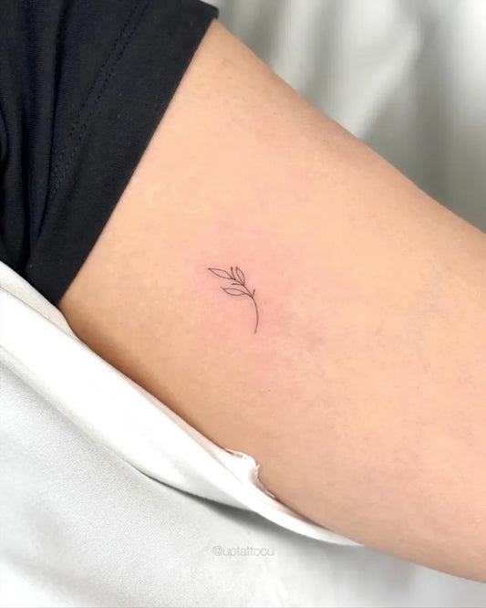 Tiny Fine Line Olive Branch on Women Upper Arm Tattoo by @uptattoou