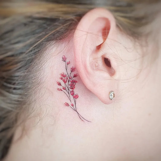 Tiny Fine Line Red Branch Tattoo on Women Behind the Ear by @tattoobysoso