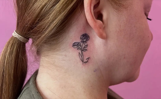 Tiny Fine Line Rose Flowers Tattoo on Women Behind the Ear by @georgina_tattoos