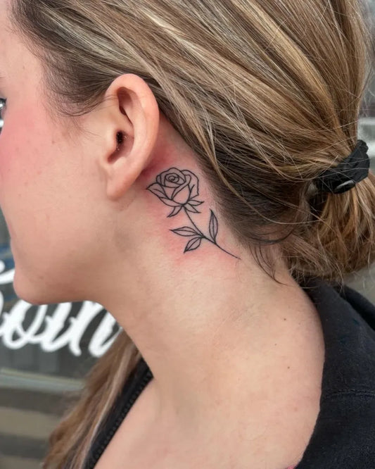 Tiny Fine Line Rose Tattoo on Women Behind the Ear by @sarah.blake.tattoo