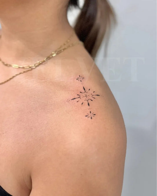 Tiny Fine Line Star Cluster Tattoo on Women Shoulder by @velvet.tattoo.studio