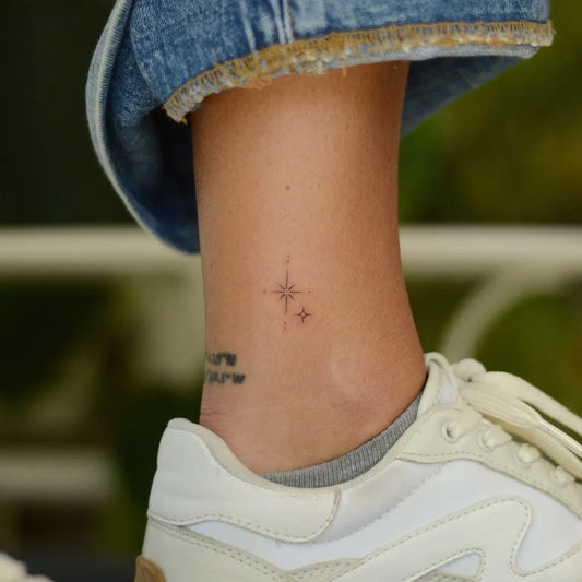 Tiny Fine Line Star and Word Tattoo on Women Ankle by @dianagraytattoo