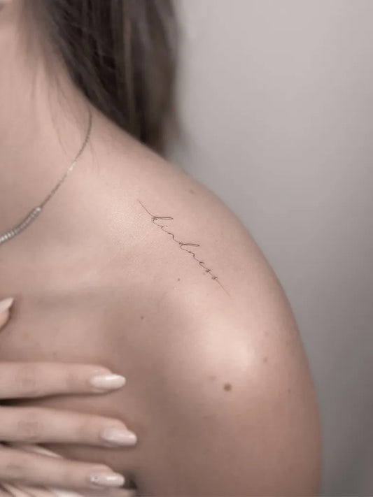 Tiny Fine Line Word Women Shoulder by @eden_tattoos