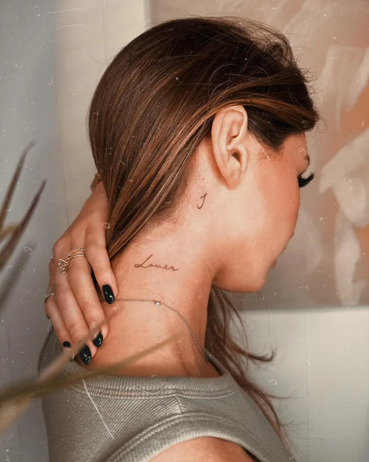 Tiny Fine Line Word on Women Neck Tattoo by @tinytattoos_feathertouch