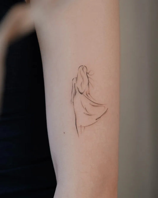 Tiny Lineart Woman in Dress on Women Arm Tattoo by @miko_nyctattoo