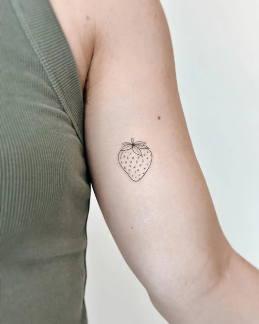 Tiny Linework Strawberry on Women Arm Tattoo by @cha.tattoo