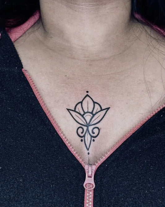 Tiny Mandala Lotus on Women Sternum Tattoo by @yellowltattoos
