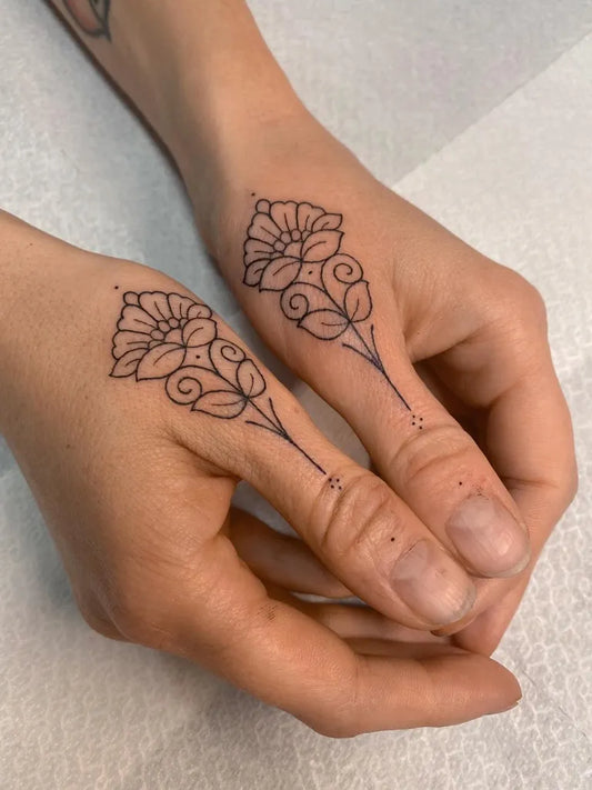 Tiny Mandala Style Symmetrical Lotus on Women Hands Flower Tattoo by @maye.sh