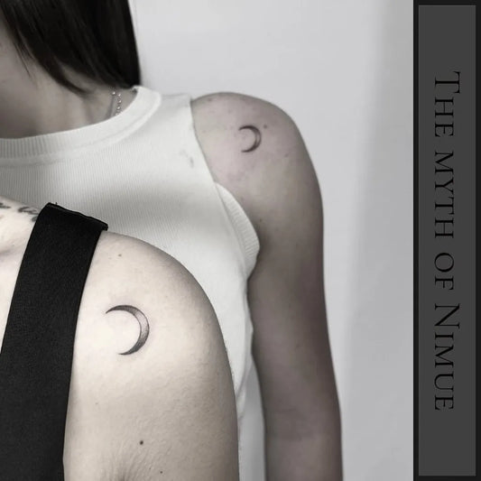 Tiny Matching Moon Tattoo on Women Shoulder by @themythofnimue