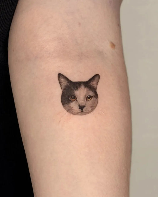 Tiny Micro Realism Cat Face on Women Arm Tattoo by @jiji.tattoos