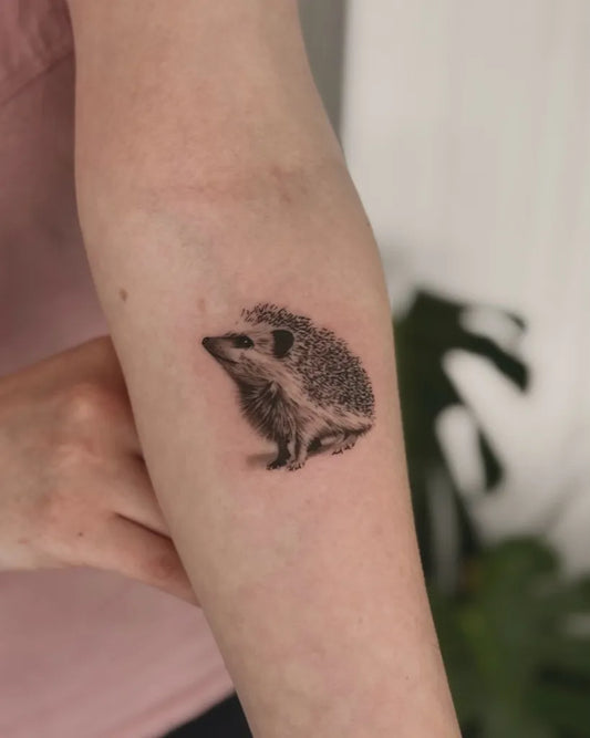 Tiny Micro Realism Hedgehog on Women Arm Tattoo by @scusama.tattoo