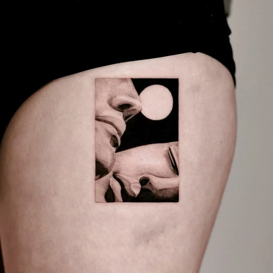 Tiny Micro Realism Sculpted Faces and Moon on Women Thigh Tattoo by @lemon___ink