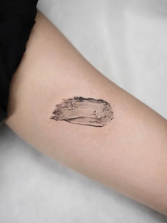 Tiny Micro Realism Smudged Landscape with Figure on Women Arm Tattoo by @tatty.bara