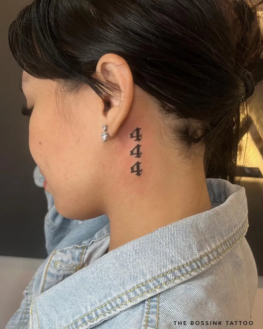 Tiny Minimalist 444 on Women Neck Tattoo by @thebossink.tattoo