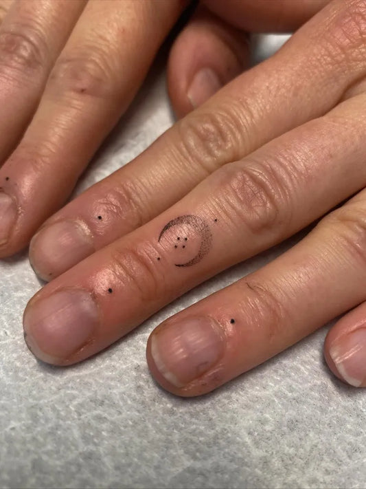 Tiny Minimalist Crescent Dot Cluster on Women Fingers Tattoo by @maye.sh