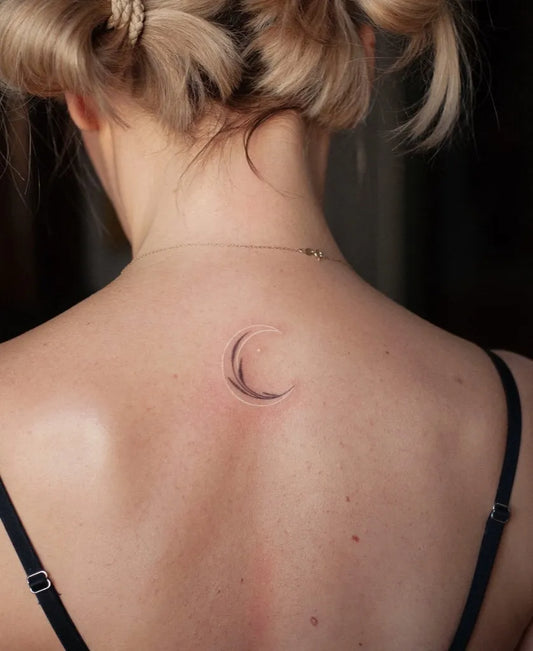 Tiny Minimalist Crescent Moon Tattoo on Women Back by @imitacja_sztuki
