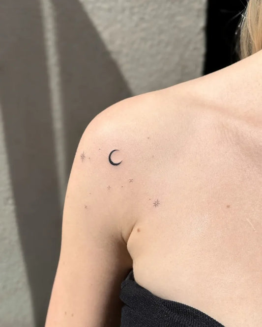 Tiny Minimalist Crescent Moon and Stars Tattoo on Women Shoulder by @vladkork