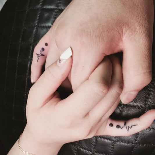 Tiny Minimalist Dots Semicolon Heartbeat on Women Hands Tattoo by @tattooist_zina