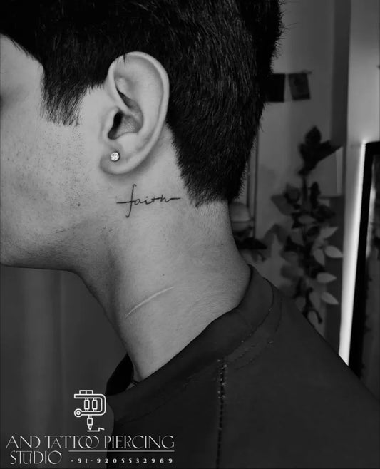 Tiny Minimalist Faith Word on Men Neck Tattoo by @andtattoostudio_mohit