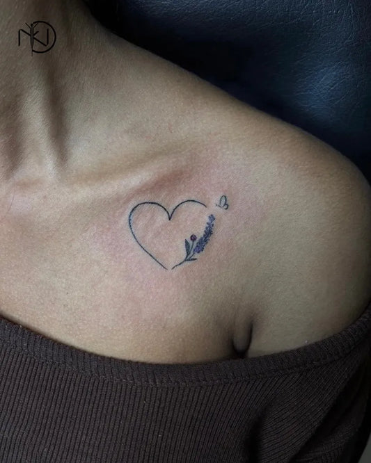 Tiny Minimalist Heart Butterfly Lavender on Women Shoulder Tattoo by @d_ink_mansory_tattoo