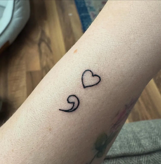 Tiny Minimalist Heart and Semicolon on Women Arm Tattoo by @lucithespookyowl
