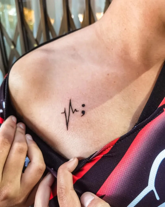Tiny Minimalist Heartbeat Semicolon on Women Shoulder Tattoo by @limelight_tattoos
