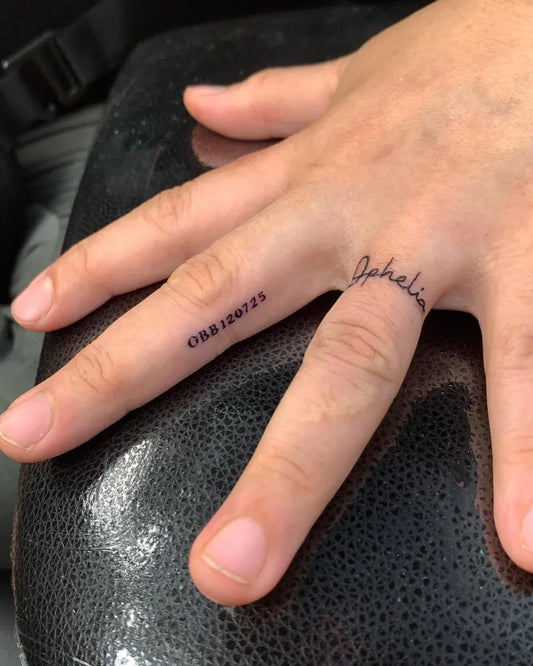 Tiny Minimalist Name and Numbers on Women Fingers Tattoo by @dontheotatts