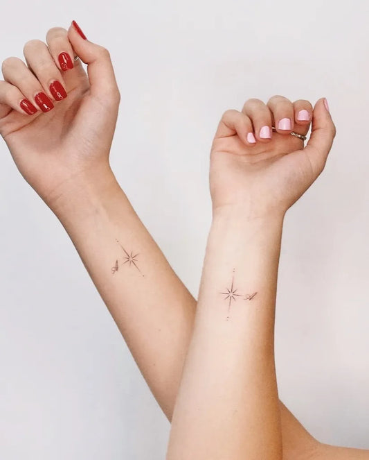 Tiny Minimalist North Star on Friends Wrist Matching Tattoo by @puertoink_amsterdam