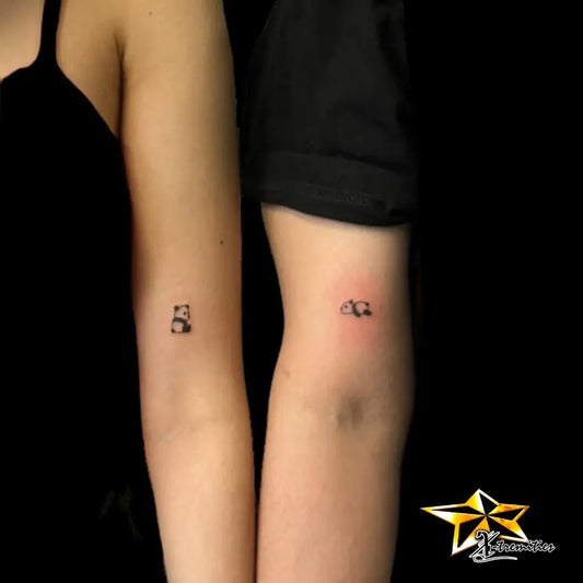 Tiny Minimalist Number5 and AlphaOmega on Couple Arm Matching Tattoo by @xtremitiestattooandpiercing